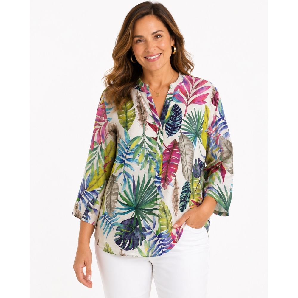 Vilagallo Tropical Leaf Print Cotton Tunic Top Multi Color Made in Portugal 42
